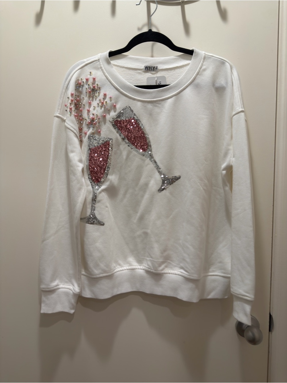 Why White Sequin Champagne Glass Pullover Sweatshirt XL New with tags